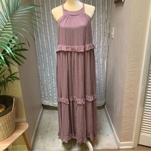 Mauve ruffle bohemian maxi dress. POCKETS